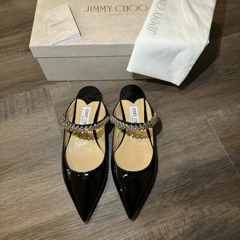 Jimmy Choo Bing Black Patent Leather Crystal Embellished Strap Flats